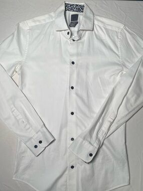 H&M White Dress Shirt with Navy Contrast Buttons and Floral Cuffs and Collar